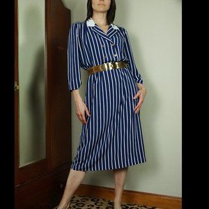 Vintage Early 80s Nautical Stripe Midi Dress, Medium